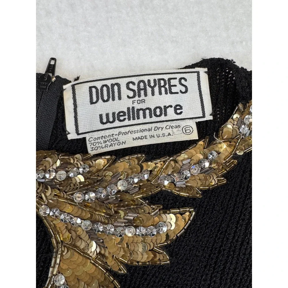 VTG‎ 80 DON SAYRES Black Knit Beaded Statement Neckline Long Sleeve Midi Dress 6